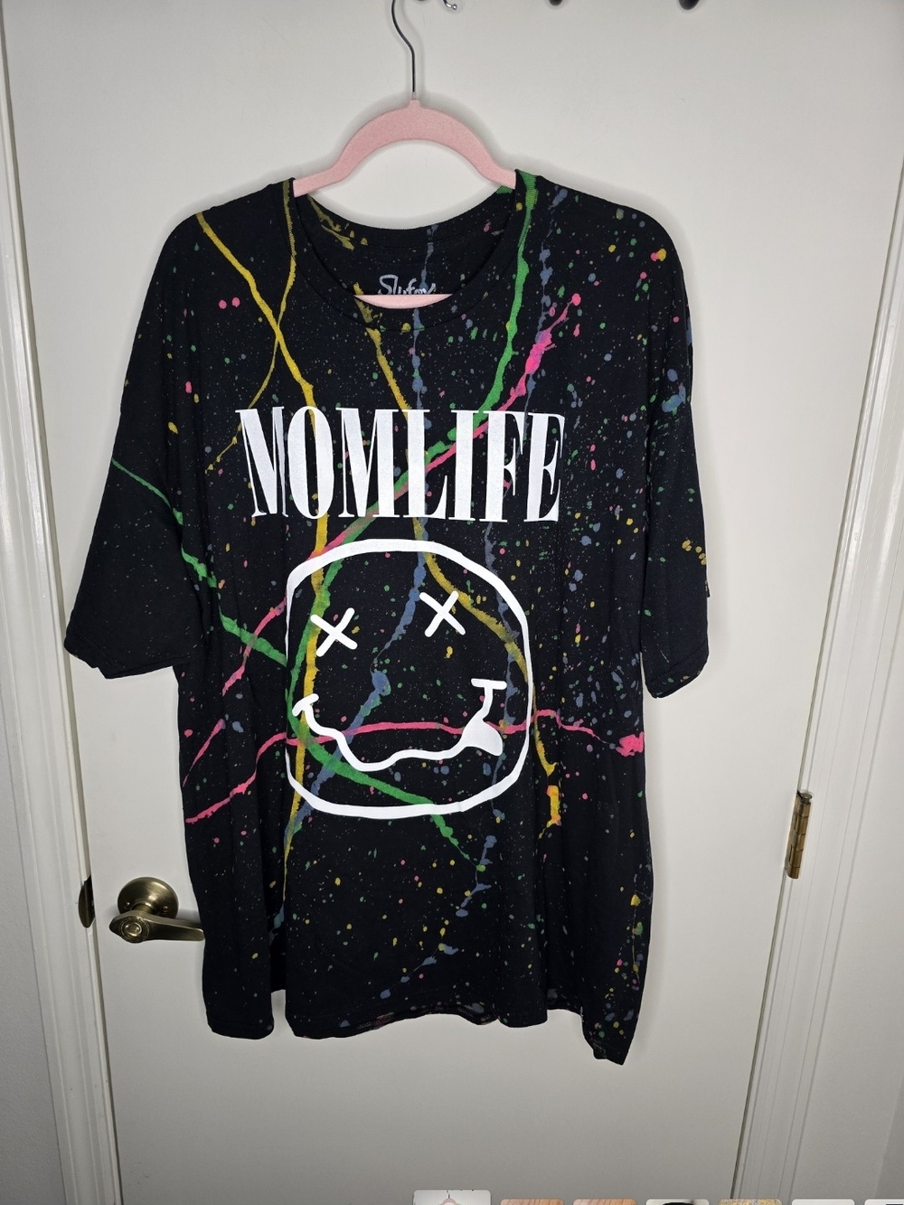 MomLife Graphic Tee - Black with Multicolor Splatter NWOT